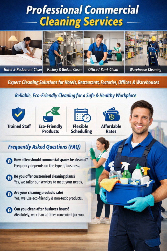 professional commercial cleaning for hotels, restaurants, factories, offices & warehouses